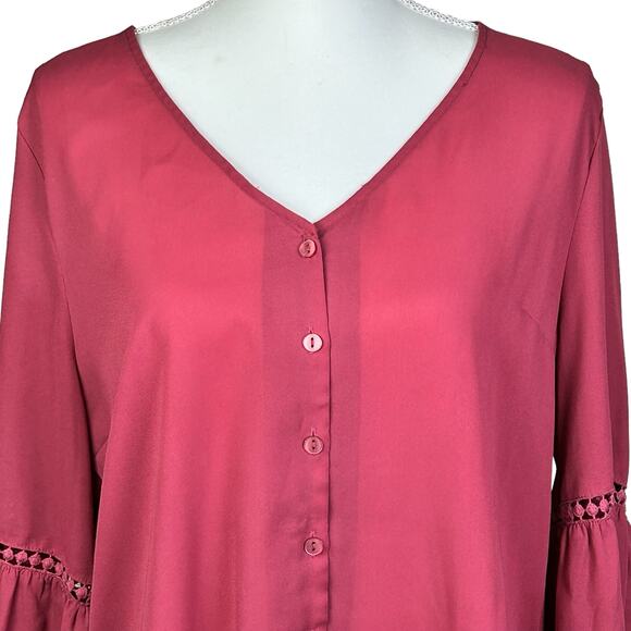 Fortune + Ivy Top Women Large Magenta Pink Sheer Eyelets Puffy Sleeve Boho Tunic - Picture 6 of 11